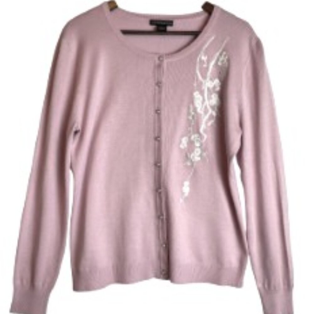 ESPERANZA PINK BUTTON FRONT CARDIGAN SWEATER WHITE FLORAL EMBROIDERY SIZE XL